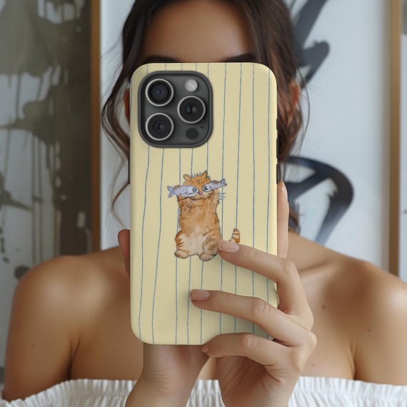Striped Cat and Fish iPhone Case – Playful Animal Phone Accessory