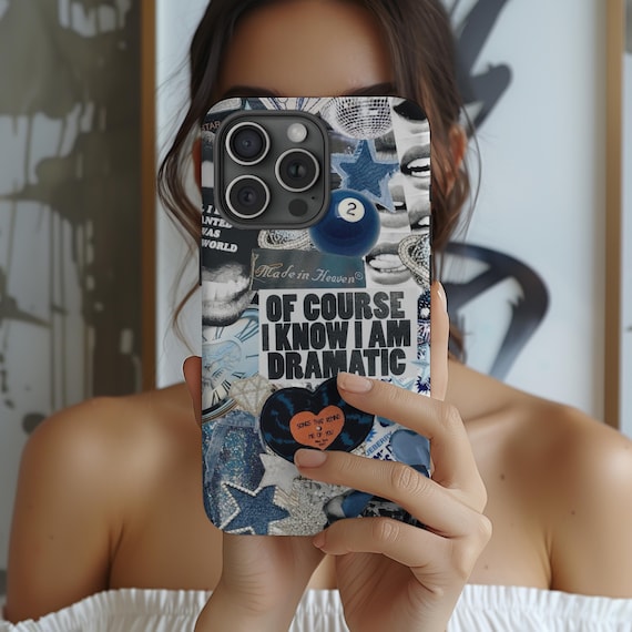 Blue Girly Disco Rockstar Collage Phone Case, Disco Diva, Dramatic Glam, iPhone 16 15 14 Pro Max 8 Plus X, Samsung Galaxy S24 S23 S22 Ultra