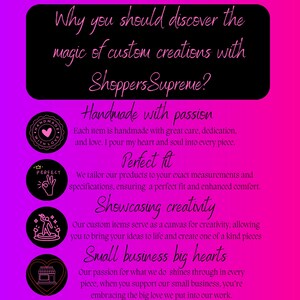 K&ouml;nnte beinhalten: Rosa-schwarze Grafik mit dem Text "Why you should discover the magic of custom creations with Shoppers Supreme?" und vier Icons mit Text: "Handmade with passion", "Perfect fit", "Showcasing creativity", und "Small business big hearts".