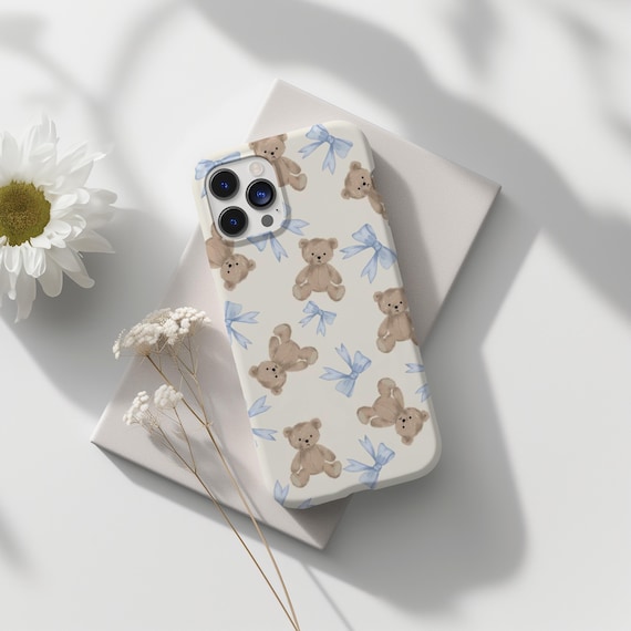 Cute Coquette Teddy Bear Phone Case, Sweet & Stylish, Adorable Phone Case with Blue Bows, Gift for her, iPhone 16 15 14 13 12 11, S25 S24