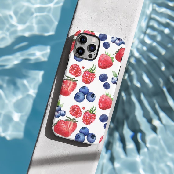 Watercolor Strawberry & Blueberry Pattern Phone Case, Whimsical Berry Delight Design, iPhone 16 15 Pro Max Plus X, Samsung Galaxy S24 Ultra