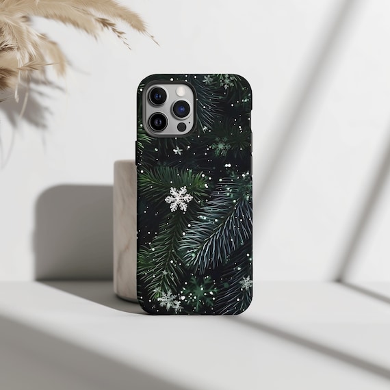Christmas Pine Tree & Snowflakes Phone Case, Winter Holiday, Christmas Case, iPhone 16 15 14 Pro Max 8 Plus X, Samsung Galaxy S24 S23 Ultra