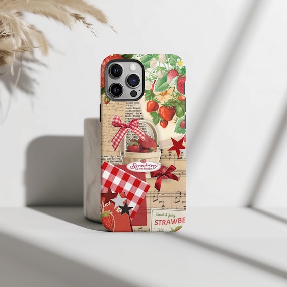 Coquette Strawberry Collage Phone Case, Sweet & Stylish, Case For Strawberry Lovers, iPhone 16 15 Pro Max 8 Plus X, Samsung Galaxy S24 Ultra