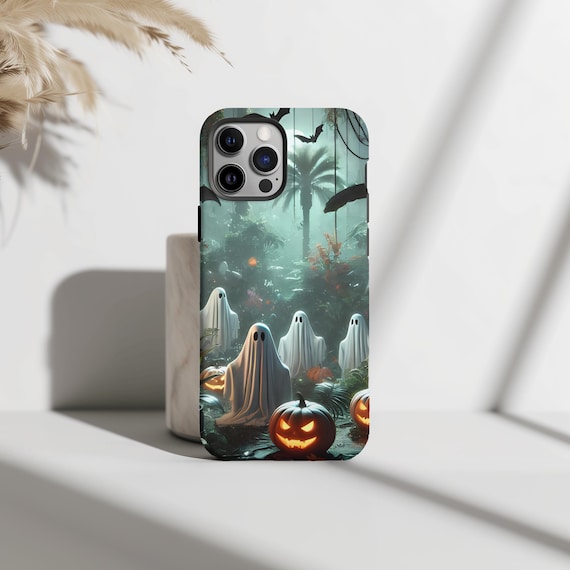 Whimsical Halloween Ghost & Pumpkin Phone Case, Ghosty Design, Halloween, iPhone 16 15 14 13 Pro Max 8 Plus X, Samsung Galaxy S24 S23 Ultra