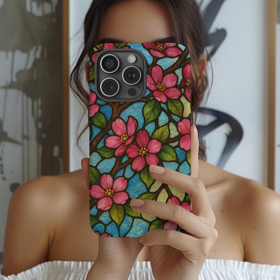 Stained Glass Cute Floral Aesthetic Pink flower Phone Case, iPhone 16 15 14 13 12 11, S25 S24 S23 S22 S21 S20
