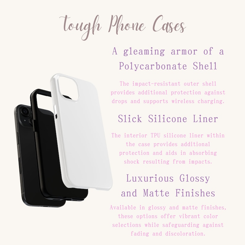 May include: Two phone cases, one white and one black, are shown. The white case is a polycarbonate shell with a silicone liner. The black case is a silicone liner. The text on the image reads: "Tough Phone Cases", "A gleaming armour of a Polycarbonate Shell", "The impact-resistant outer shell provides additional protection against drops and supports wireless charging.", "Slick Silicone Liner", "The interior TPU silicone liner within the case provides additional protection and aids in absorbing shock resulting from impacts.", "Luxurious Glossy and Matte Finishes", "Available in glossy and matte finishes. These options offer vibrant colour selections while safeguarding against fading and discolouration."