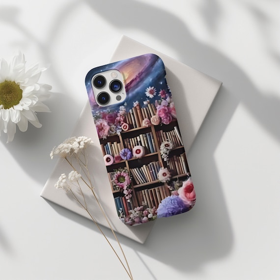 Bookish Bookshelf Pink Purple Galaxy Floral Bookshelf Case, Floral Aesthetic, iPhone 16 15 14 Pro Max 8 Plus X, Samsung Galaxy S24 S23 Ultra