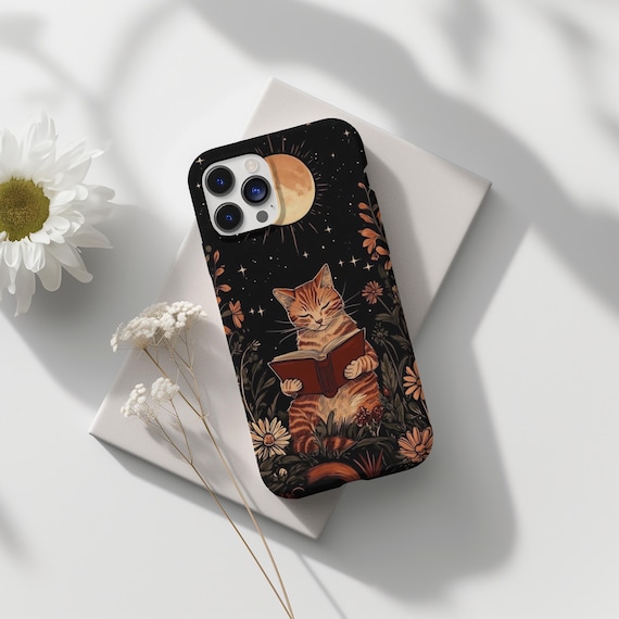 Floral Cat Reading Book Phone Case, Full Moon Wildflowers