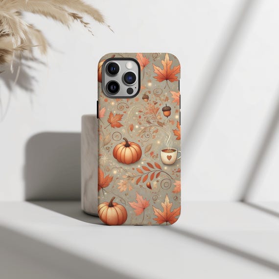 Elegant Pretty Autumn Phone Case With Fall Leaves & Pumpkins, Cozy Fall Acorns, Warm Coffee