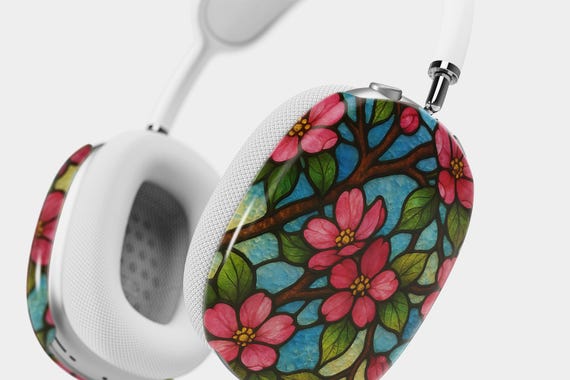 Stained Glass Cute Floral Aesthetic Pink Flower AirPods Max Headphone Cover, Floral Aesthetic Headphone Case