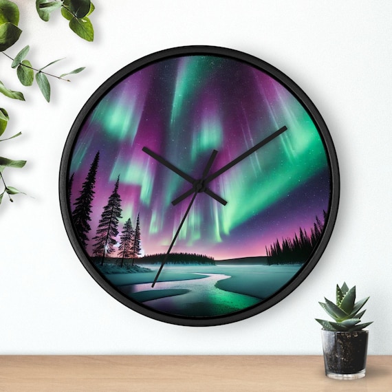 Beautiful Northern Lights Dreamy House Clock, Wall Clock, Dreamy Home Décor, Wall Home Decor Unique Design Glass Aesthetic Gift Silent Clock