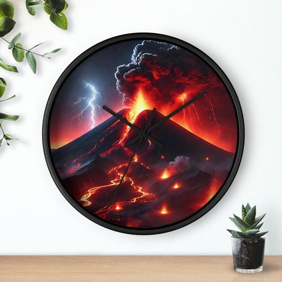 Volcano Eruption Wall Clock Natural Disaster Inspired Wall Clock Volcano Wall Home Decor Unique Design Glass Aesthetic Gift Silent Clock