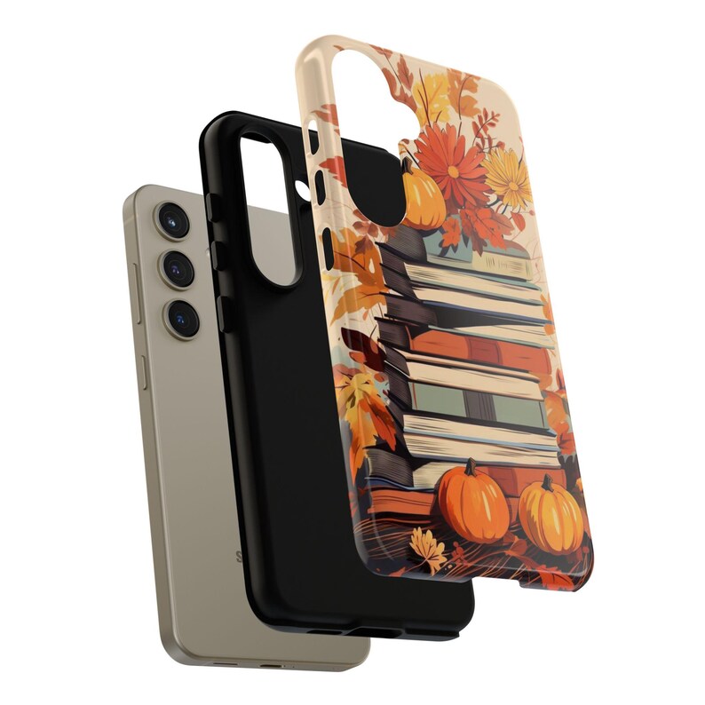May include: A phone case with a fall-themed design featuring a stack of books, pumpkins, and autumn leaves. The case is made of a durable material and has a protective layer to prevent scratches and damage.