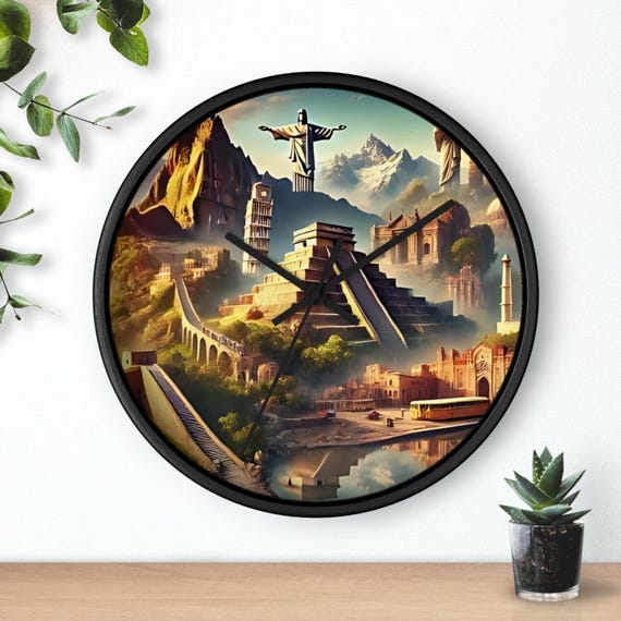 Seven World Wonders Wall Clock Seven World Wonders Inspired Wall Clock Elegant Wall Home Decor Unique Design Glass Aesthetic Silent Clock