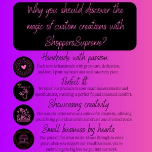 May include: Pink and black graphic with the text "Why you should discover the magic of custom creations with Shoppers Supreme?" and four icons representing handmade with passion, perfect fit, showcasing creativity, and small business big hearts.