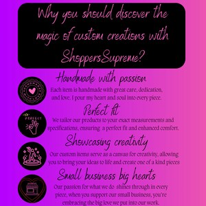 May include: Pink and black graphic with the text "Why you should discover the magic of custom creations with Shoppers Supreme?"  The graphic also includes the text "Handmade with passion", "Perfect fit", "Showcasing creativity", and "Small business big hearts".