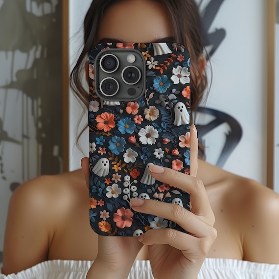Floral Ghosts Phone Case, Spooky Cute Whimsical Halloween Phone Case, iPhone 16 15 14 13 12 Pro Max 8 Plus X, Samsung Galaxy S24 S23 Ultra