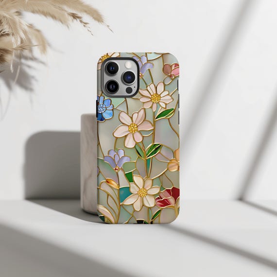 Floral Stained Glass iPhone 16 15 14 13 12 11 Pro Max Plus Cases, Rose Gold and Pastel Colored Wildflowers, Gift for her, Samsung S25 Ultra