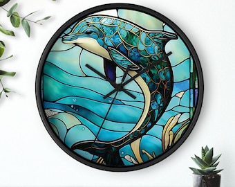 Stained Glass Dolphin Wall Clock: Ocean Home Decor, Silent Clock