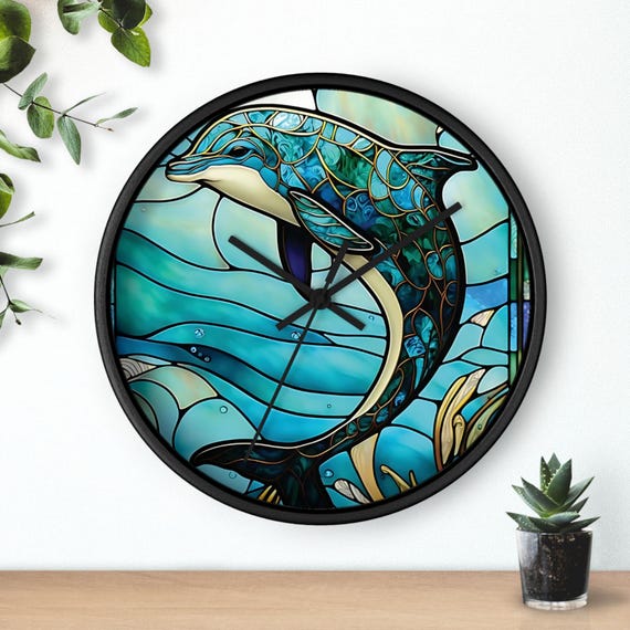 Dolphin Wall Clock Ocean Inspired Wall Clock Stained Glass Dolphin Wall Home Decor Unique Design Glass Aesthetic Gift Silent Clock