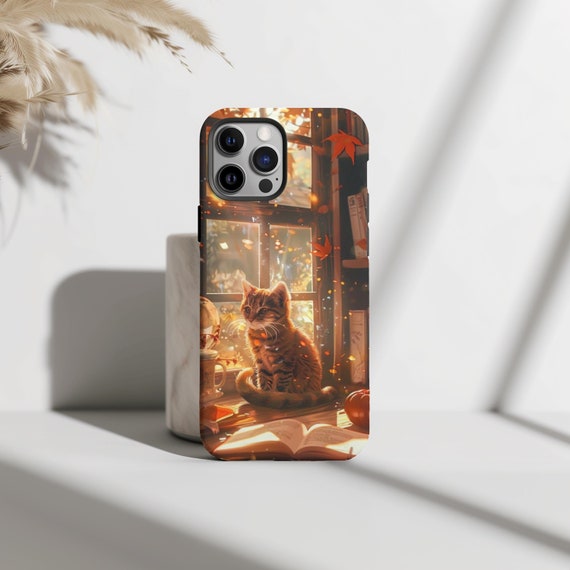 Cozy Cat by the Window Fall Phone Case, Autumn Vibes, Case For Cat Lovers, iPhone 16 15 14 13 Pro Max 8 Plus X, Samsung Galaxy S24 S23 Ultra