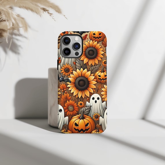 Whimsical Floral Ghost Phone Case, Halloween Case, Sunflowers & Ghosts, iPhone 16 15 14 13 12 Pro Max 8 Plus X, Samsung Galaxy S24 S23 Ultra