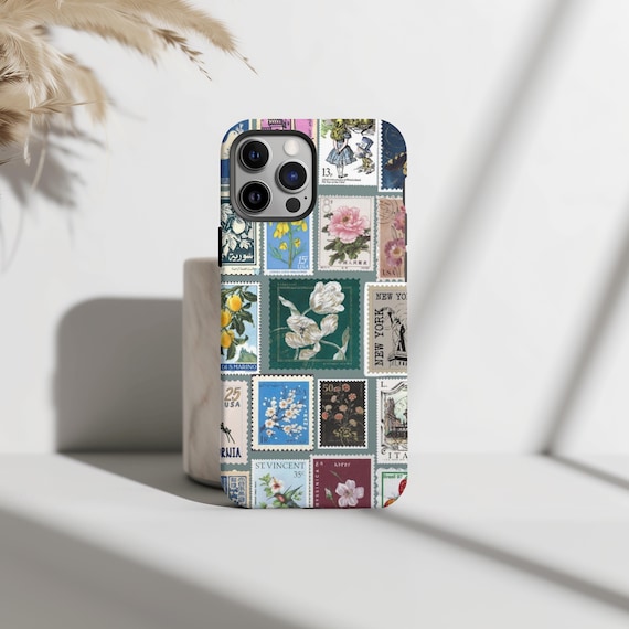 Floral Vintage Stamps Phone Case, Vintage Aesthetic, Whimsical Florals, iPhone 16 15 14 13 12 Pro Max 8 Plus X, Samsung Galaxy S24 S23 Ultra