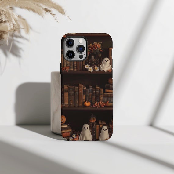 Bookish Fall & Halloween Bookshelf Phone Case, Spooky Vibes, iPhone 16 15 14 13 12 Pro Max 8 Plus X, Samsung Galaxy S24 S23 S22 S21 Ultra