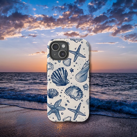 Rustic Blue Seashell Pattern Phone Case, Beachy Tropical Phone Case, iPhone 15 14 13 12 11 Pro Max 8 Plus X Samsung Galaxy S23 S22 S20 Ultra