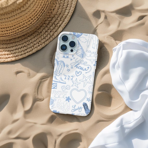 Blue Western Cowgirl Collage Phone Case, Coastal Vintage Aesthetic, iPhone 16 15 14 13 12 Pro Max 8 Plus X, Samsung Galaxy S24 S23 S22 Ultra
