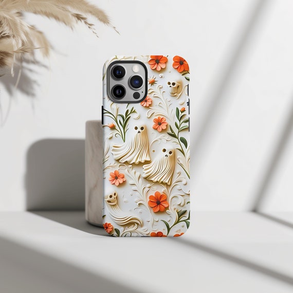 Halloween Phone Case, Cute Ghost Floral Cover, Spooky Gift, iPhone 16 15 14 Pro Max 8 Plus X Case, Samsung S24 S23 S22 S21 Ultra Plus Case