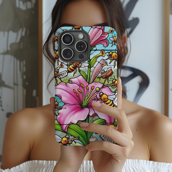 Aesthetic Flower & Bee Phone Case, Floral, Pink Flowers, Busy Bees, iPhone 16 15 14 13 12 11, S25 S24 S23 S22 S21 S20