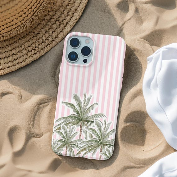 Girly Summer Palm Tree Phone Case, Cute Pink Stripes