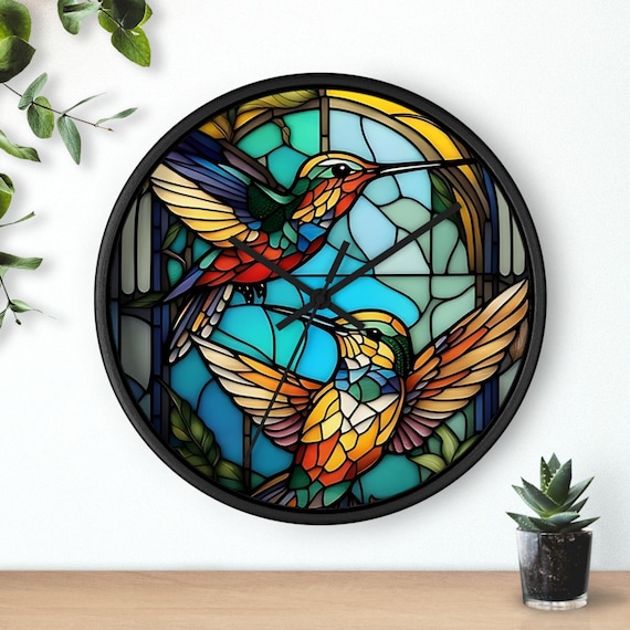 Hummingbird Wall Clock Birds Inspired Wall Clock Stained Glass Hummingbird Wall Home Decor Unique Design Glass Aesthetic Gift Silent Clock