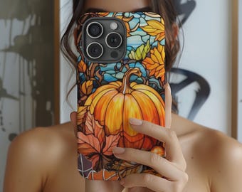 Funda para teléfono con vitral de calabaza otoñal: diseño de hojas otoñales