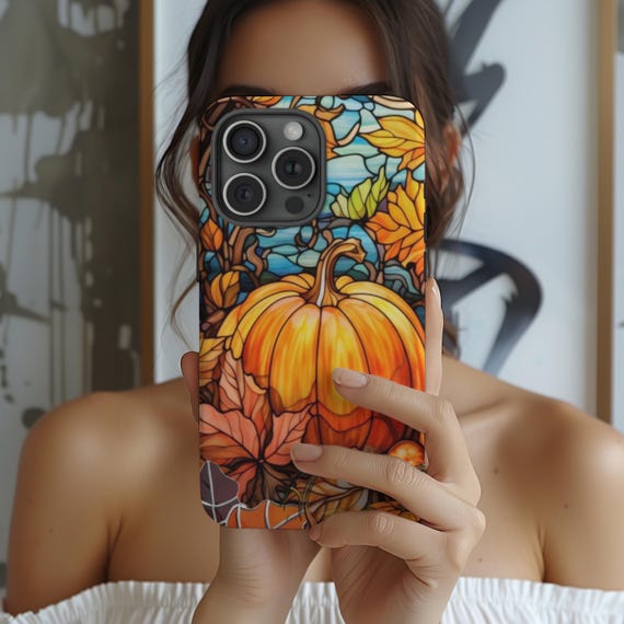 Fall Pumpkin Stained Glass Phone Case: Autumn Leaves Design