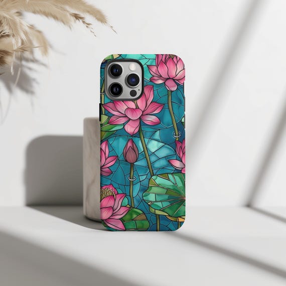 Floral Stained Glass Phone Case, Pink Flowers, Floral Aesthetic, iPhone 16 15 14 13 12 11, S25 S24 S23 S22 S21 S20