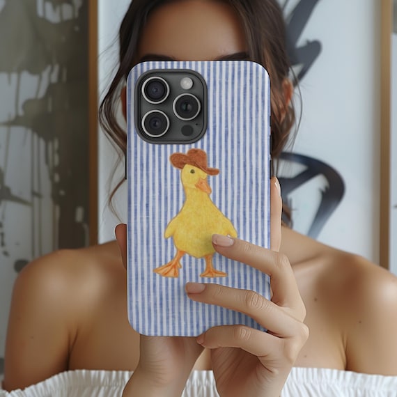 Blue Striped Denim Duck Phone Case, Cowboy Hat Duckling, Cottagecore Western Style