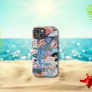 May include: A colorful phone case with a collage of images including a seahorse, a lobster, a dolphin, a bird, and the text "Slow living by the sea".