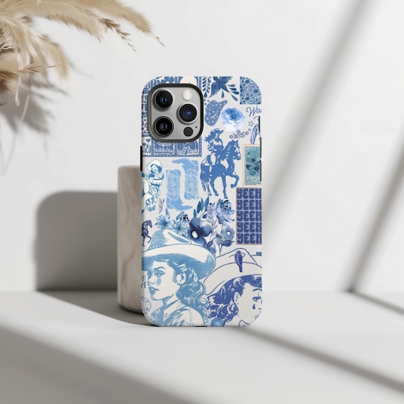 Blue Western Cowgirl Collage Phone Case, Vintage Aesthetic, iPhone 16 15 14 13 12 11 Pro Max 8 Plus X, Samsung Galaxy S24 S23 S22 S21 Ultra