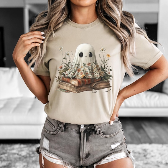 Comfort Colors® Cute Bookish Ghost in Wildflowers Shirt, Spooky Fall Aesthetic, Halloween Floral Tee,  Vintage October Graphic T-Shirt Cozy