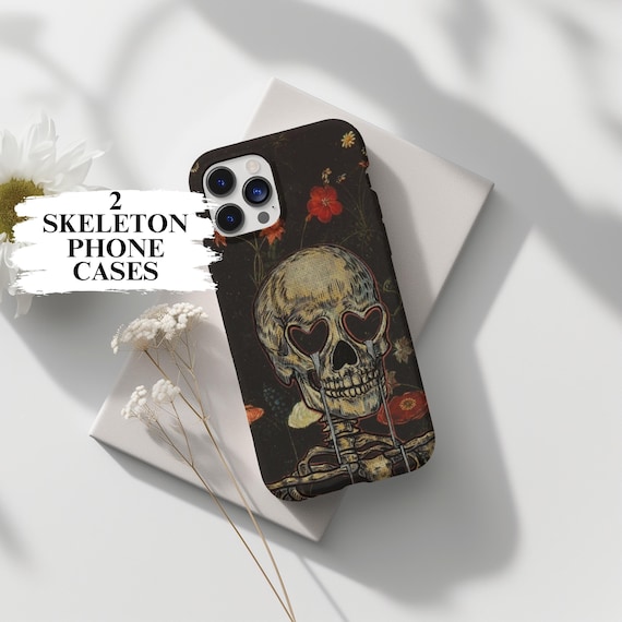 Gothic Floral Skeleton Phone Case, Unique Dark Elegance Design, iPhone 16 15 14 13 12 Pro Max 8 Plus X, Samsung Galaxy S24 S23 S22 S21 Ultra