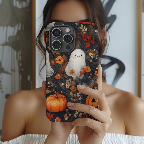 Floral Ghost Halloween Phone Case, Ghost Theme Case, Pumpkin Design, Fall Aesthetic, iPhone 16 15 Pro Max 8 Plus X, Samsung Galaxy S24 Ultra