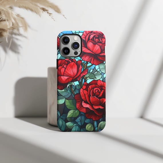 Red Rose Stained Glass Phone Case, Floral Stained Glass Flowers, Red Roses, Floral Aesthetic, iPhone 16 15 14 13 12 11, S25 S24 S23 S22 S21