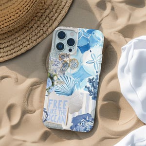 May include: A white phone case with a collage of blue and white images, including seashells, flowers, and the text "FREE LIKE THE OCEAN".