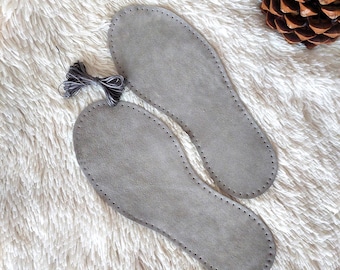 Pre-Punched Suede Leather Soles: Adult Slippers, Gray Anti-slip Booties, Knit Socks