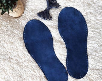 Pre-Punched Suede Leather Soles: Adult Slippers, Navy Blue Anti-slip Booties, Knit Socks