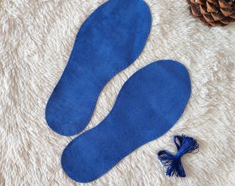 Pre-Punched Suede Leather Soles: Adult Slippers, Blue Anti-slip Booties, Knit Socks