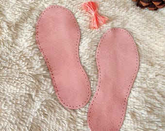 Pre-Punched Suede Leather Soles: Adult Slippers, Pink Anti-slip Booties, Knit Socks