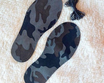 Pre-Punched Suede Leather Soles: Army Camouflage Print, Anti-Slip, Unisex